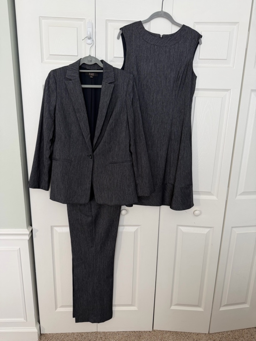 Alex Marie Navy/Tweedy Pinstripe Women's Suit Set - Blazer, Pants & Dress